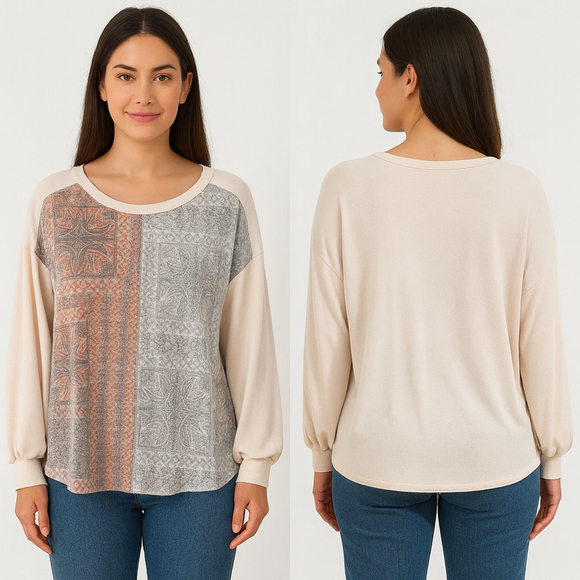 Lovely J Tops - Women's Lovely J Long Sleeve Tee M Beige Orange Patterned